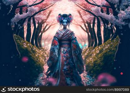 Geisha in an intricate kimono, sakura garden background. Young pretty geisha in colorful kimono.  Image created with Generative AI technology
