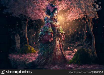 Geisha in an intricate kimono, sakura garden background. Young pretty geisha in colorful kimono.  Image created with Generative AI technology 