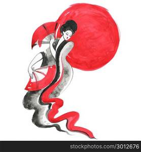 Geisha, women in traditional clothing. Chinese style, Watercolor hand painting illustration. Geisha. Chinese style. Watercolor hand painting illustration
