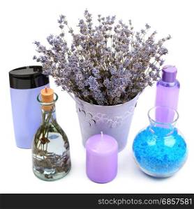 Gels, shampoos, salt and scented candles made from lavender isolated on white background