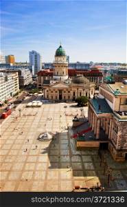 Gendarmenmarkt and German Cathedral from the top of French Cathedral, Berlin, Germany. Vertical view