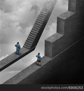 Gender discrimination and sexism inequality for being female concept as a woman with the burden of climbing a difficult obstacle and a man with easy path stairs as a 3D illustration symbol as a symbol for unfair gender bias.