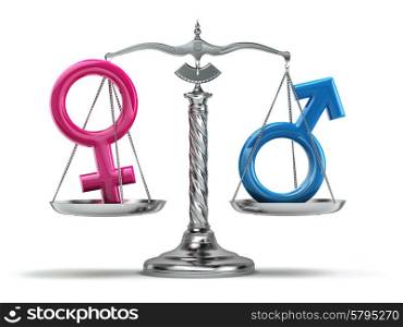 Gender equality concept. Male and female signs on the scales isolated on white. 3d