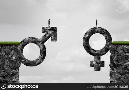 Gender gap idea and sex inequality or equality concept as a male and female symbol shaped into a mountain cliff as a metaphor for pay or wages inequity or divorce in a 3D illustration style.