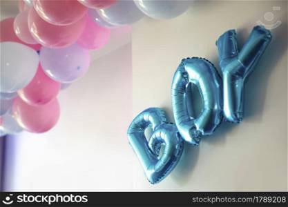 gender reveal party blue and pink balloons in living room on white wall definition of a boy or girl, gathering party party decoration baby concept. gender reveal party blue and pink balloons in living room on white wall definition of a boy or girl, gathering party party decoration