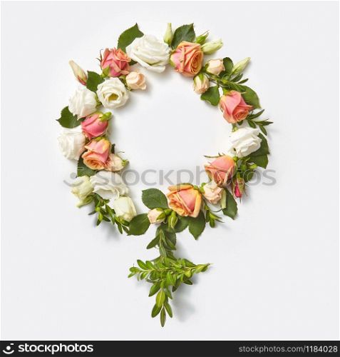 Gender symbol sign of woman craft from flowers and green twigs of plant on a light grey background, copy space. Top view.. Female gender symbol from flowers.