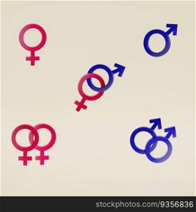 Gender symbols. Male and female signs. 3d render illustration