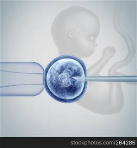 Gene editing science in vitro genetic CRISPR genome engineering medical biotechnology health care concept with a fertilized human egg embryo and a group of dividing cells with a fetus with 3D illustration elements.