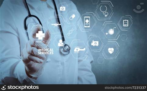 General Medical Services (GMS) and General Practitioners(GPs or family doctors) diagram.Smart Doctor with a stethoscope working on touch screen