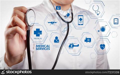 General Medical Services (GMS) and General Practitioners(GPs or family doctors) diagram.smart doctor working with virtual screen in modern hospital.