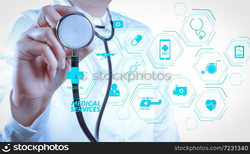 General Medical Services (GMS) and General Practitioners(GPs or family doctors) diagram.smart doctor working with virtual screen in modern hospital.