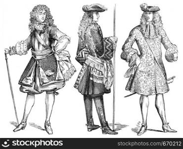 General Officer (1670), an infantry officer (1703) and lieutenant of the Guards (1683), vintage engraved illustration. Industrial encyclopedia E.-O. Lami - 1875.