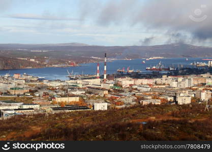 General view from rock in downtown in Murmansk, Russia