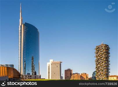 General view of buildings at Isola district in Milan, Lombardy, Italy with the iconic Bosco Verticale on the far right. General view of buildings at Isola district in Milan, Lombardy, Italy