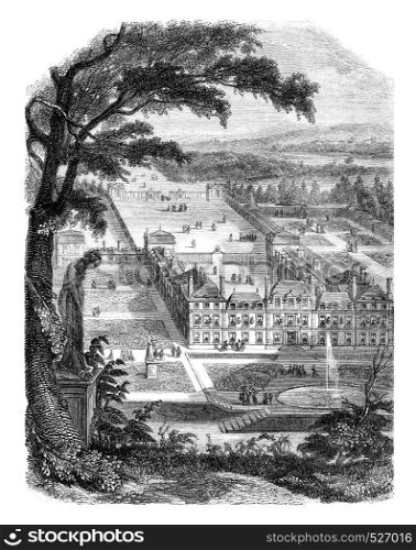 General view of the old castle of Sceaux taken the side of the gardens, vintage engraved illustration. Magasin Pittoresque 1846.