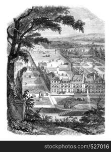 General view of the old castle of Sceaux taken the side of the gardens, vintage engraved illustration. Magasin Pittoresque 1846.