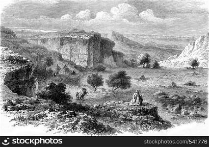 General view of the sculpted rocks in the Ouadi-Telisaghi, vintage engraved illustration. Magasin Pittoresque 1858.