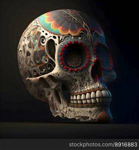 Generative AI 3D Rendered Calavera (Skull) in a traditional style for Dia de Los Muertos (Day of the dead). Flowers and skeleton computer generated to replicate photorealism and hyperrealism
