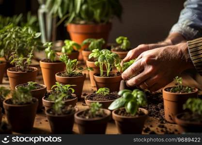 Generative AI Image of a Person Caring for Small Green Houseplants in Pots