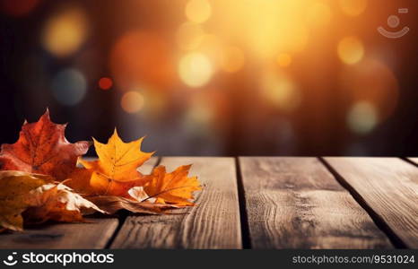 Generative AI Image of Autumn Fall Background with Orange Maple Leaves on a Wooden Table