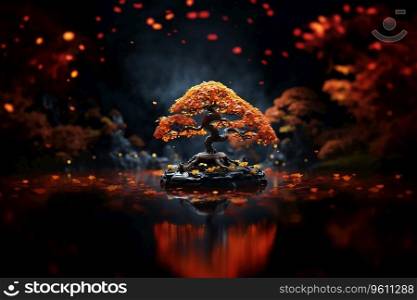 Generative AI Image of Autumn Maple Tree Decoration with Nature Background at Night