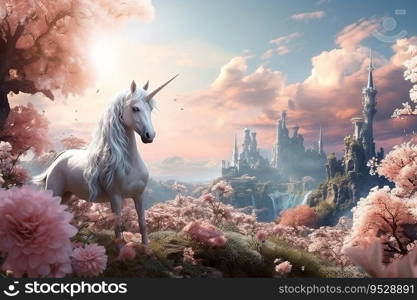 Generative AI Image of Beautiful White Unicorn Standing in Flowering Garden with Palace Landscape