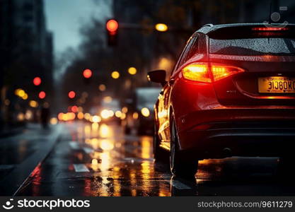 Generative AI Image of Car on the Highway at Night with Bokeh Lights Background During Rain