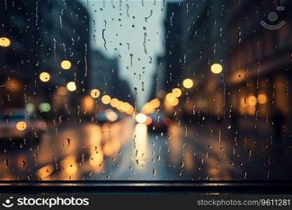 Generative AI Image of City Street View from Window During Rain with Bokeh Lights Background