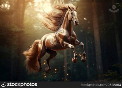 Generative AI Image of Dashing Brown Horse Jumping with Agile in the Forest