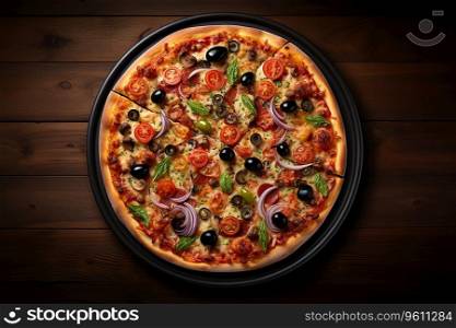Generative AI Image of Delicious Pizza with Vegetables Topping Served on Black Plate in Restaurant