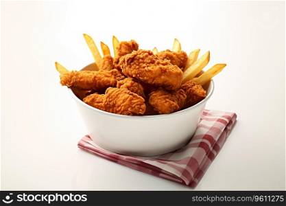 Generative AI Image of Fried Chicken with French Fries in Paper Bucket on Isolated Background