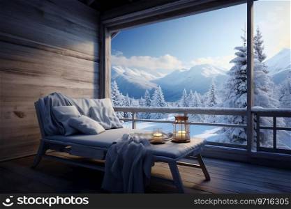 Generative AI Image of Lounge Chair Inside the House with Winter Nature Landscape