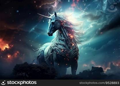 Generative AI Image of Unicorn Horse Fantasy Against the Galaxy Sky with Miracle