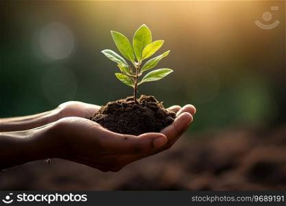 Generative AI Image of World Environment Day with Hands Holding Soil and Young Plant