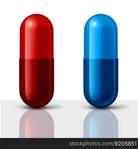 Generic drug And Brand Medication as a Red and blue pill choice medication capsules as a symbol of choosing between low priced generics or more expensive pharmaceutical as a 3D render.
