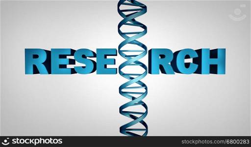 Genetic Biotechnology research symbol as text with a double helix structure as a biology science discovery concept and researching biotchemistry as a 3D illustration.