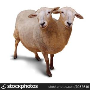Genetic disorder and abnormality in biological DNA sequence with a farm sheep as a conjoined twin joined together in utero as a scientific and medical concept of a new breed of animal on a white background.