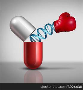Genetic medication treatment and DNA medicine power as a medical concept for using genetically engineered pills as immunotherapy or cancer drug with 3D illustration elements.