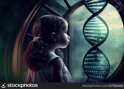 Genetic research illustration with young girl patient. Genetic research illustration