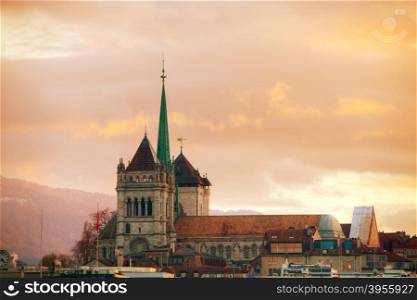 Geneva cityscape overview with St Pierre Cathedral in Geneva, Switzerland.