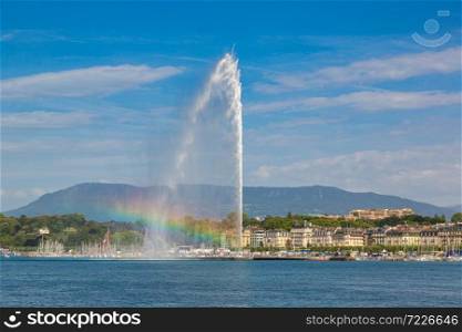 Geneva lake and Jet d&rsquo;Eau fountain in Geneva in a beautiful summer day, Switzerland