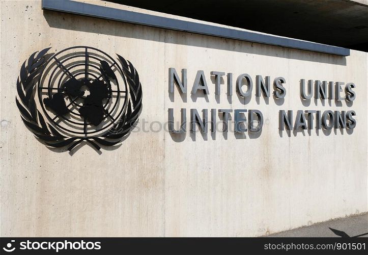 GENEVA, SWITZERLAND - AUGUST, 2019: United Nations entrance and building in Geneva in a beautiful summer day, Switzerland