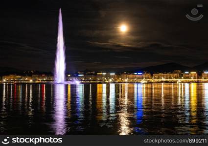 Geneva Switzerland, night photo of the water jet