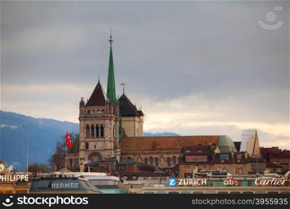 GENEVA, SWITZERLAND - NOVEMBER 27: Geneva cityscape overview with St Pierre Cathedral on November 27, 2015 in Geneva, Switzerland.