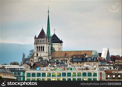 GENEVA, SWITZERLAND - NOVEMBER 27: Geneva cityscape overview with St Pierre Cathedral on November 27, 2015 in Geneva, Switzerland.