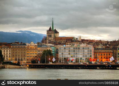 GENEVA, SWITZERLAND - NOVEMBER 28: Geneva cityscape overview with St Pierre Cathedral on November 28, 2015 in Geneva, Switzerland.