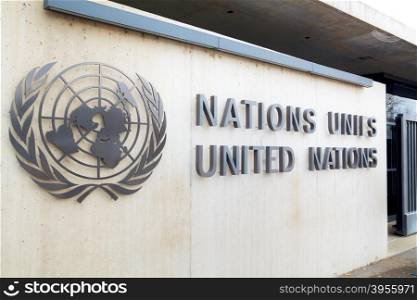GENEVA, SWITZERLAND - NOVEMBER 28: United Nations palace sign on November 28, 2015 in Geneva, Switzerland.