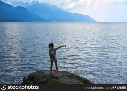 Geneve Lake Leman Geneva backpack tourist girl. Geneve Lake Leman Geneva backpack tourist girl Switzerland Swiss