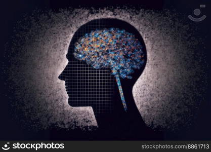 Genius human head with AI brain artificial intelligence virtual thinking system. Peculiar AI generative image.. Genius human head with AI brain artificial intelligence virtual thinking system