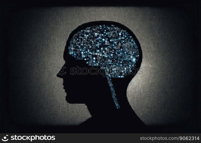 Genius human head with AI brain artificial intelligence virtual thinking system. Peculiar AI generative image.. Genius human head with AI brain artificial intelligence virtual thinking system